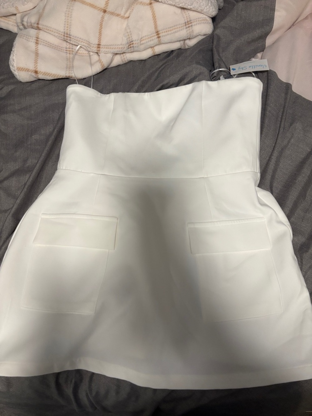 Strapless White Mini Dress with Front Patch Pockets